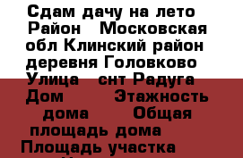 Сдам дачу на лето › Район ­ Московская обл.Клинский район, деревня Головково › Улица ­ снт Радуга › Дом ­ 34 › Этажность дома ­ 2 › Общая площадь дома ­ 62 › Площадь участка ­ 8 › Цена ­ 14 000 - Московская обл. Недвижимость » Дома, коттеджи, дачи аренда   . Московская обл.